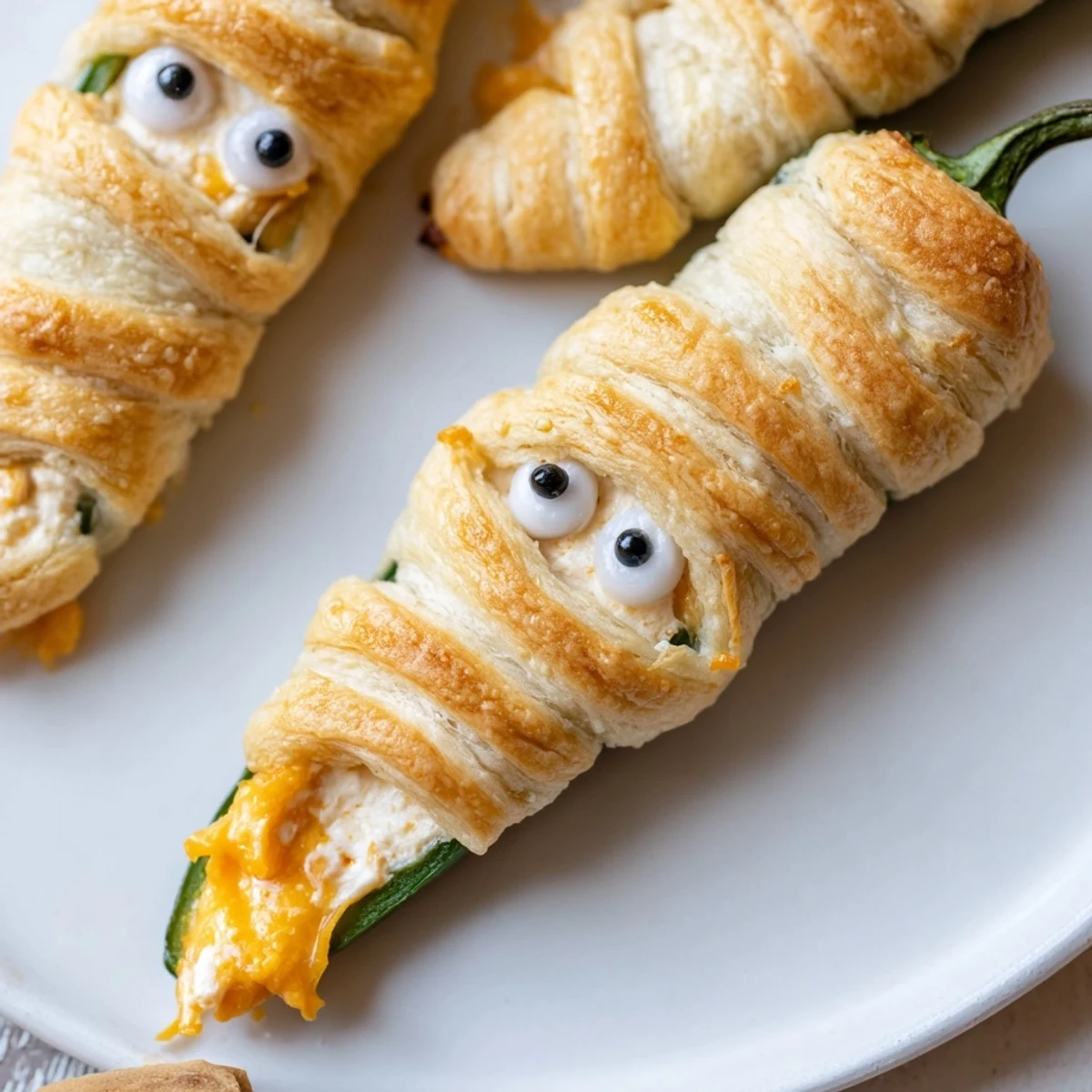 Creamy stuffed Mummy Jalapeno Poppers wrapped in flaky crescent dough bandages fresh from the oven