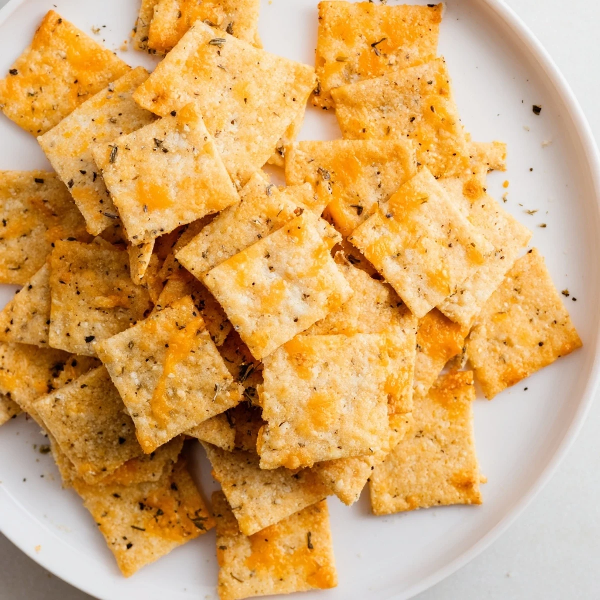 Crunchy taco crackers arranged on a rustic cutting board beside fresh salsa and guacamole