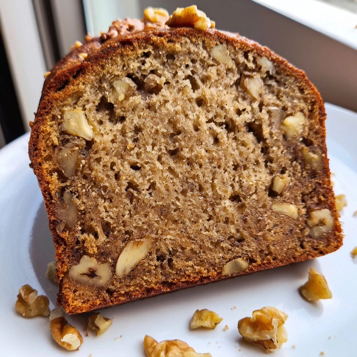 Golden banana nut bread loaf sliced on a rustic cutting board with scattered walnuts