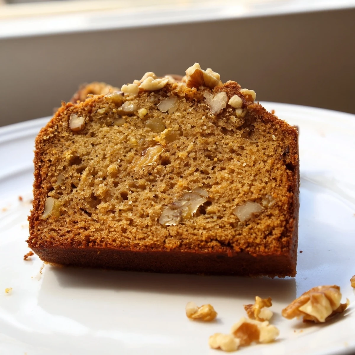 Moist banana nut bread with a crackled top and chopped walnuts served for breakfast