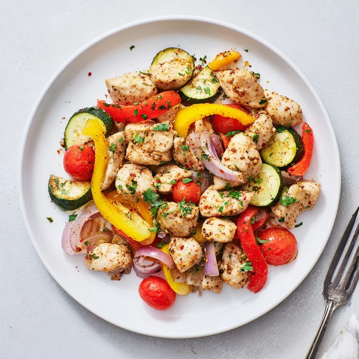 Quick flavorful one pan dish with golden chicken and colorful roasted vegetables
