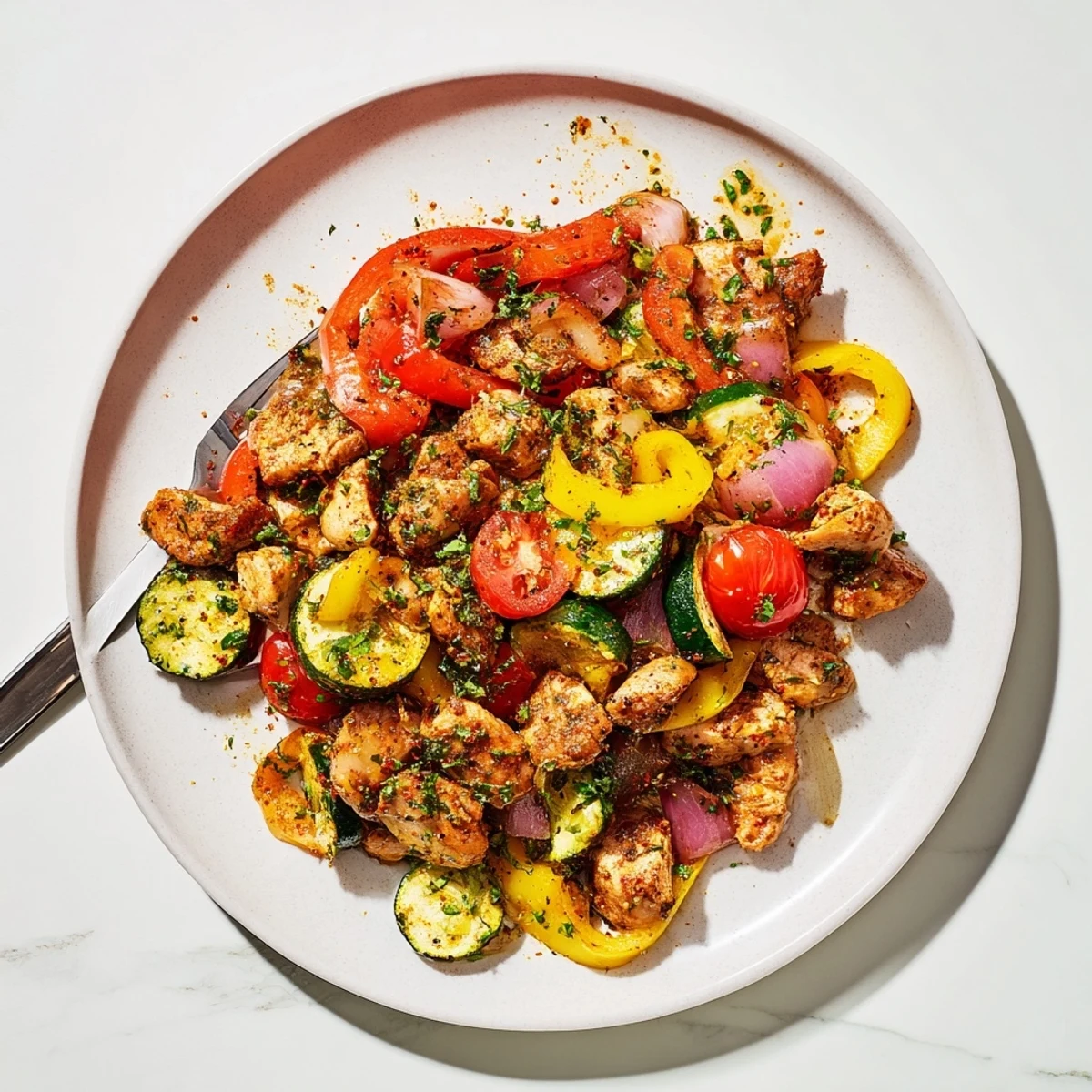 Sizzling skillet of quick flavorful one pan dish topped with fresh parsley