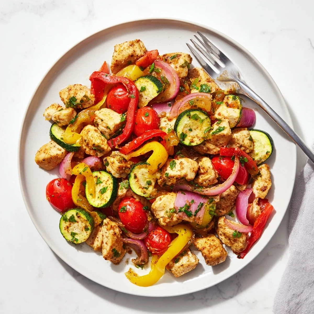 Quick flavorful one pan dish served hot with juicy chicken and tender peppers