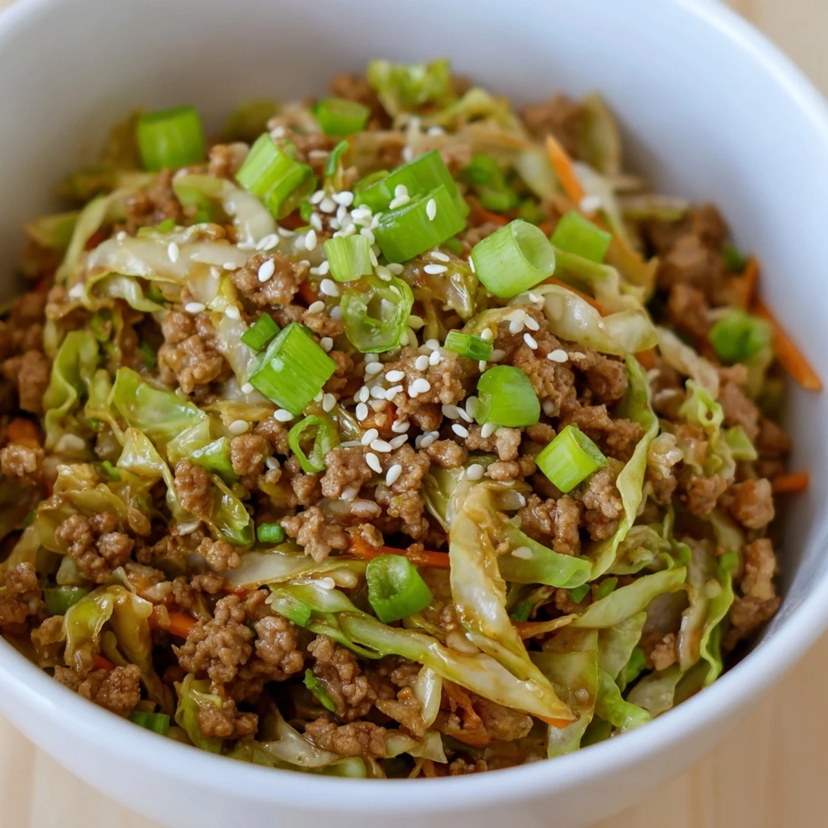 Steamy keto egg roll in a bowl with browned pork and crisp cabbage