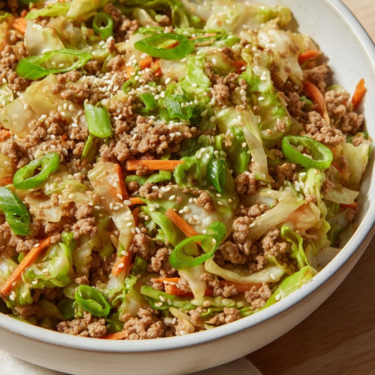 Glossy keto egg roll in a bowl piled with tender veggies and ground pork