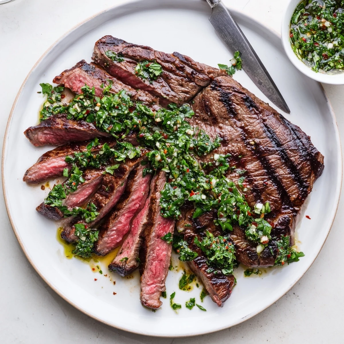 Chimichurri Steak Recipe: sliced grilled ribeye topped with vibrant herby sauce