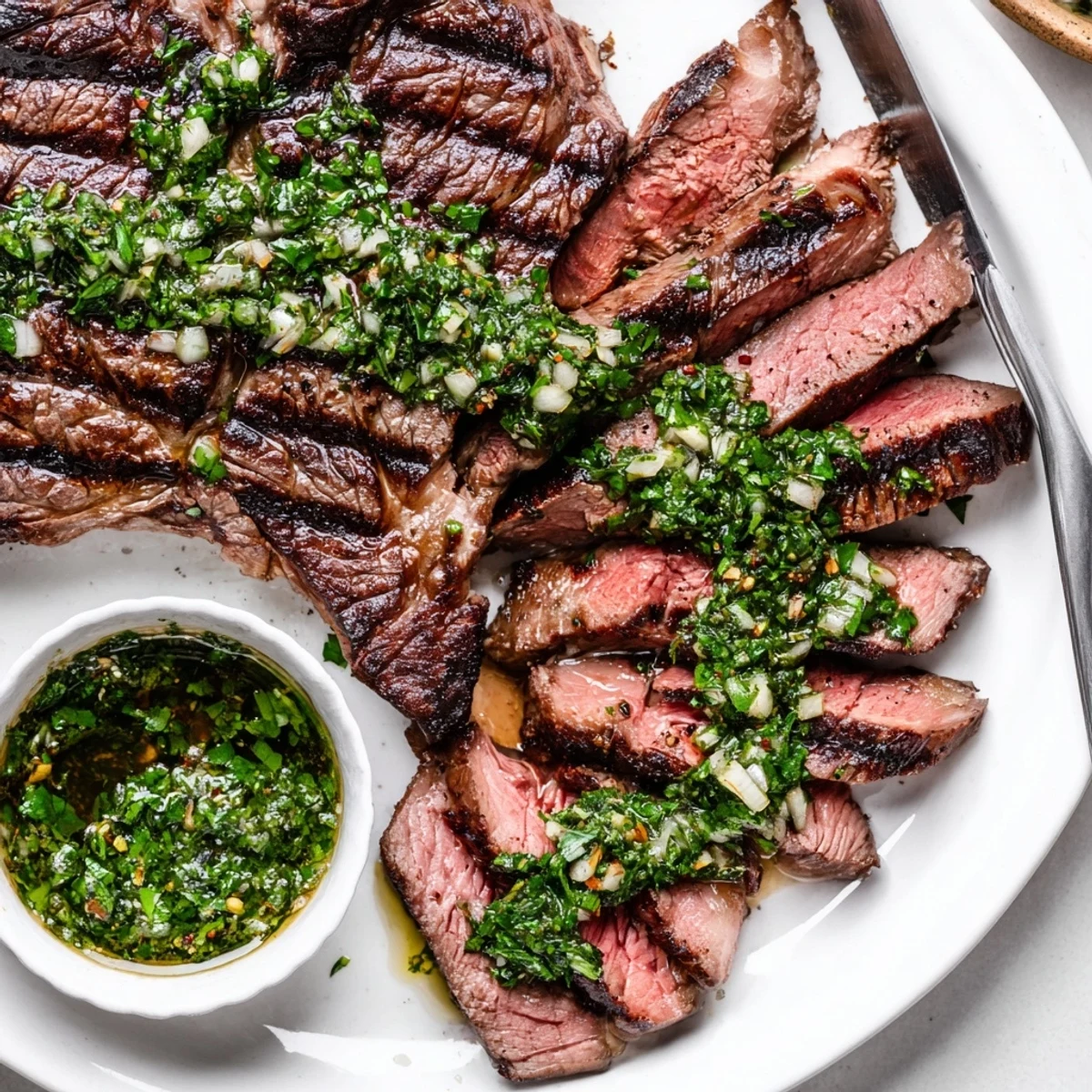 Juicy Chimichurri Steak Recipe resting on cutting board with parsley garnish