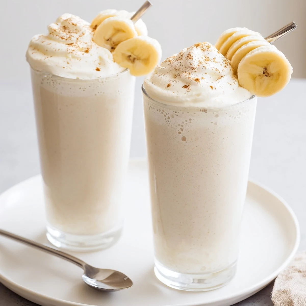 Creamy Vanilla Banana Shake in chilled glass, frothy top and banana slice