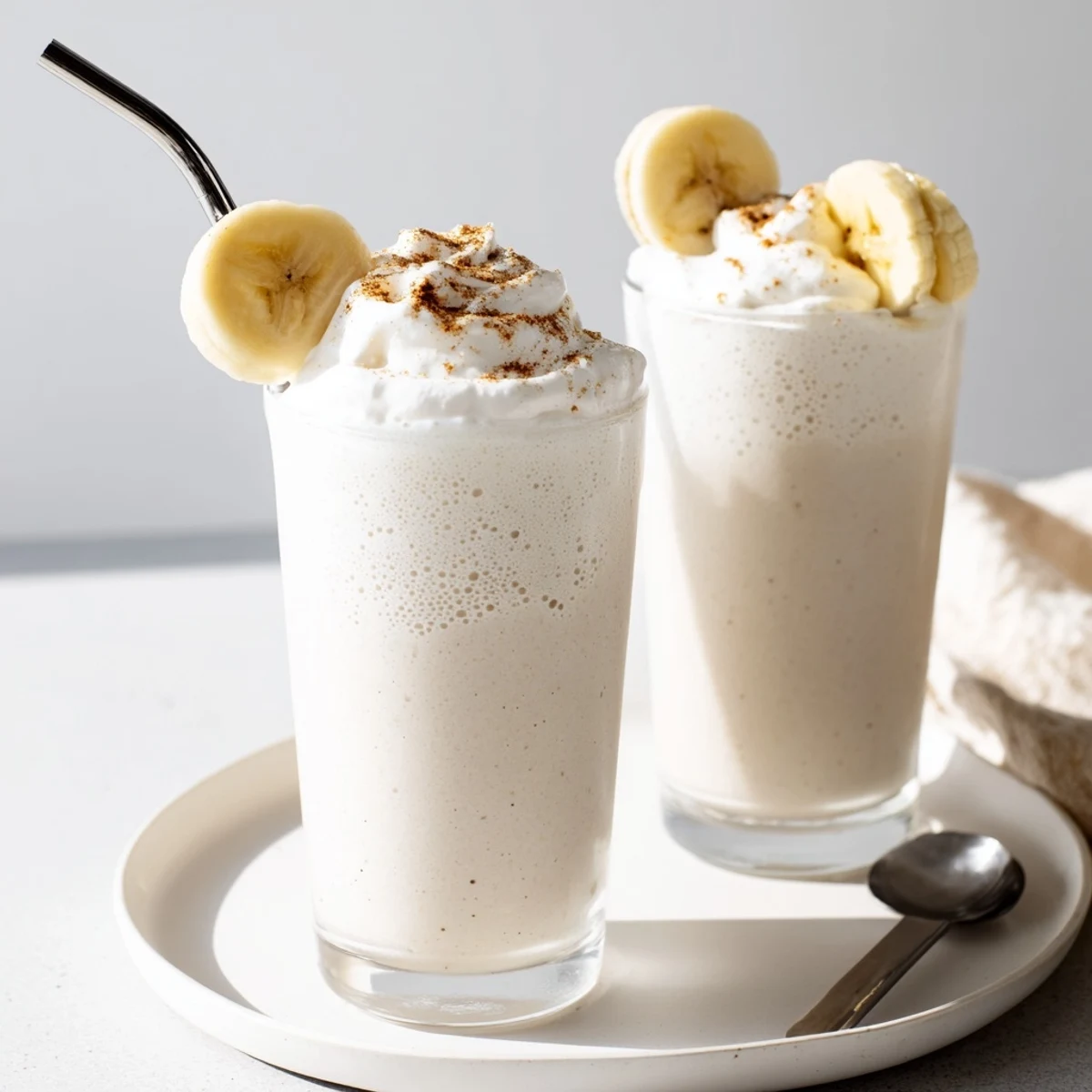 Velvety Vanilla Banana Shake poured from blender into two chilled glasses