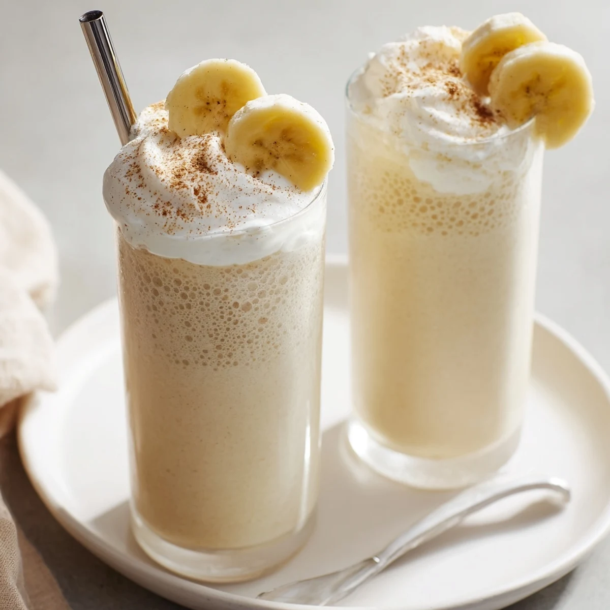 Refreshing homemade Vanilla Banana Shake with cinnamon dusting, ideal breakfast sip