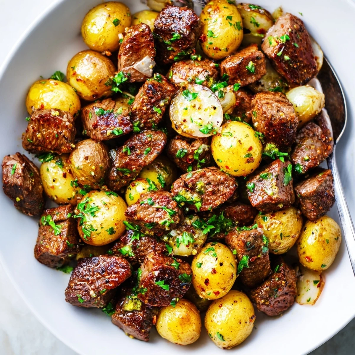 Pan-seared Garlic Steak Bites and Potatoes glistening in garlic butter, fresh parsley