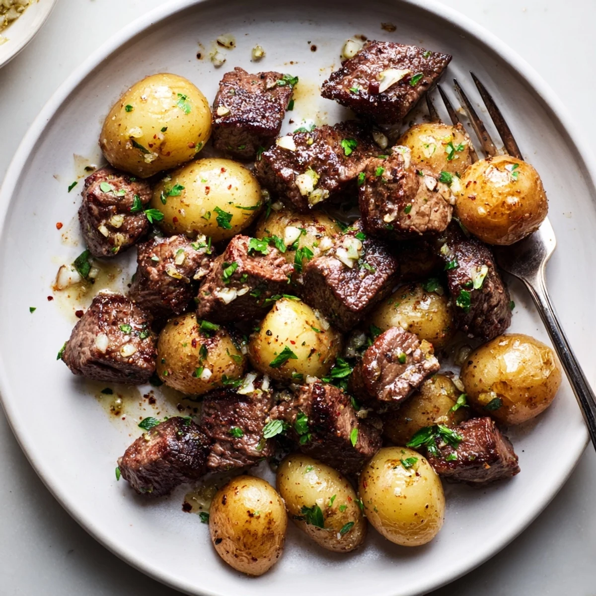 Skillet Garlic Steak Bites and Potatoes sizzling, golden, buttery garlic aroma