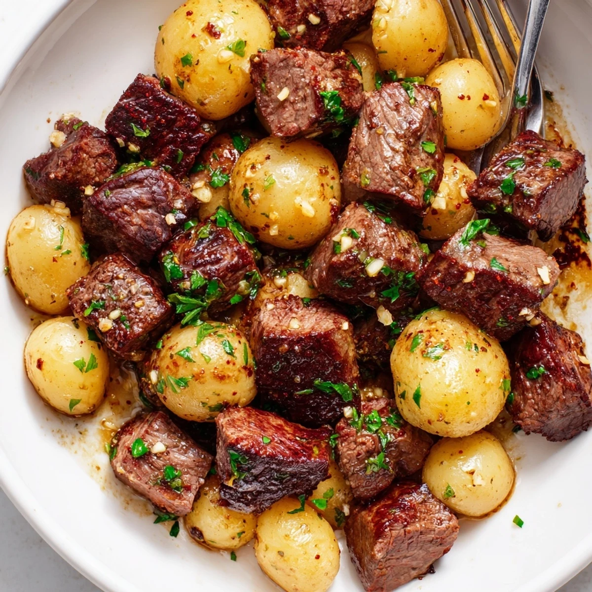 Fork-tender Garlic Steak Bites and Potatoes served hot with a squeeze of lemon