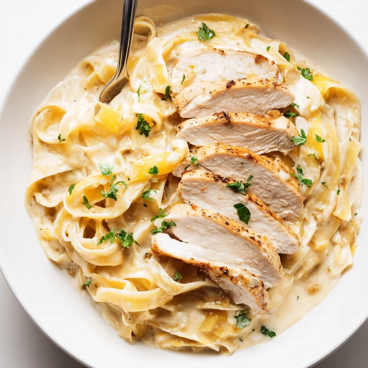 Creamy Garlic Chicken Pasta with sliced golden chicken, steaming fettuccine, parsley garnish