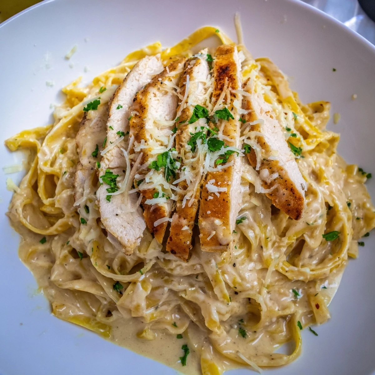 Plate of Creamy Garlic Chicken Pasta tossed in glossy Parmesan garlic sauce