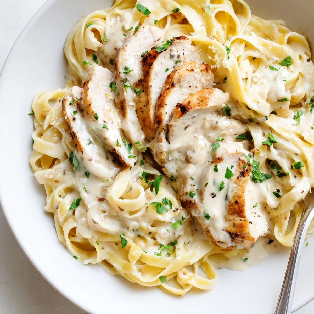 Fork twirled Creamy Garlic Chicken Pasta, tender chicken bites, creamy sauce, lemony parsley