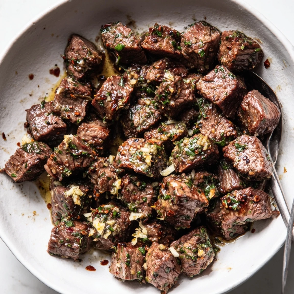 Glossy Cowboy Butter Steak Bites piled on a skillet, garlic herb flecks  