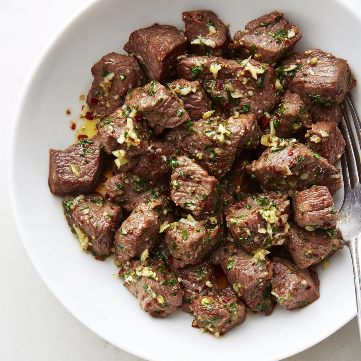 Plate Cowboy Butter Steak Bites over greens, buttery sauce glistening