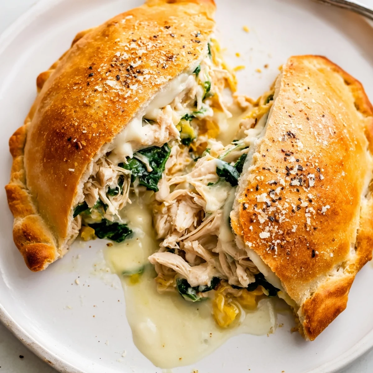 Crispy Cheesy Chicken Alfredo Air Fryer Calzones steaming, golden crust, gooey cheesy interior