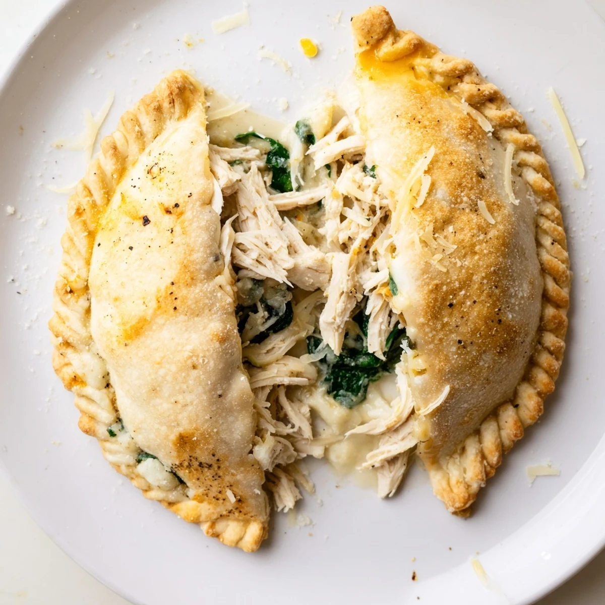Crispy Cheesy Chicken Alfredo Air Fryer Calzones served with marinara, creamy filling oozing