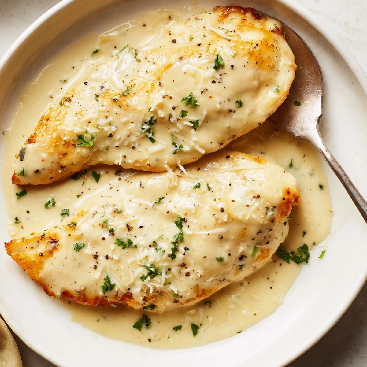 Caesar Chicken Recipe with creamy parmesan sauce, golden baked breasts, garnished parsley