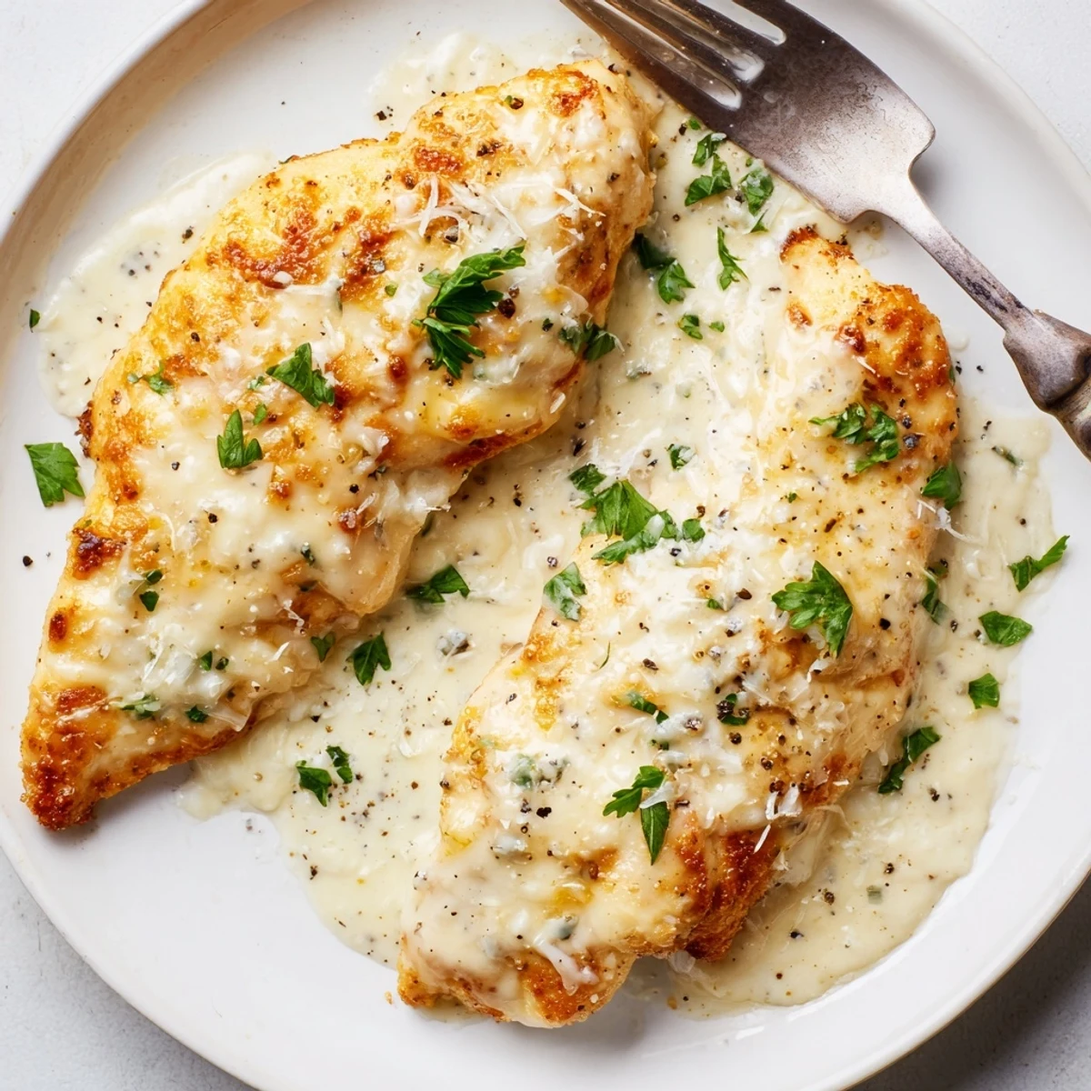 Sliced Caesar Chicken Recipe showing juicy interior, melted parmesan, lemon wedge