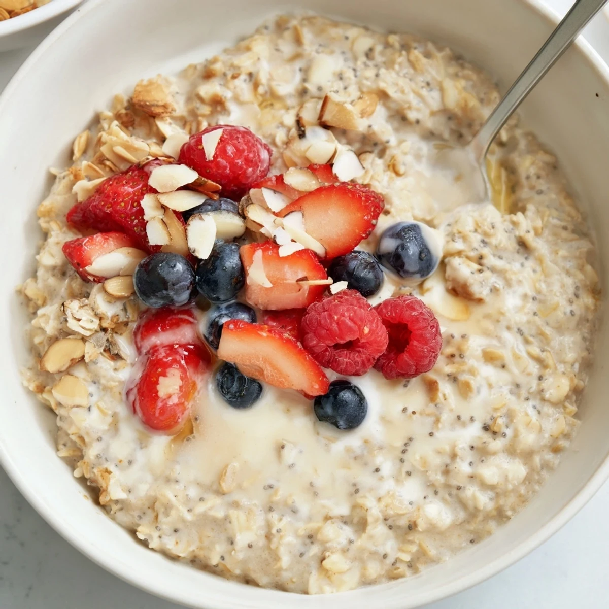 Creamy Healthy Coconut Cream Overnight Oats topped with berries and toasted coconut