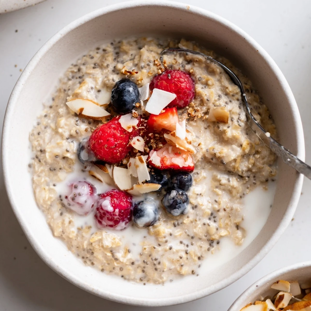 Spoon diving into Healthy Coconut Cream Overnight Oats reveals silky, coconut-scented texture