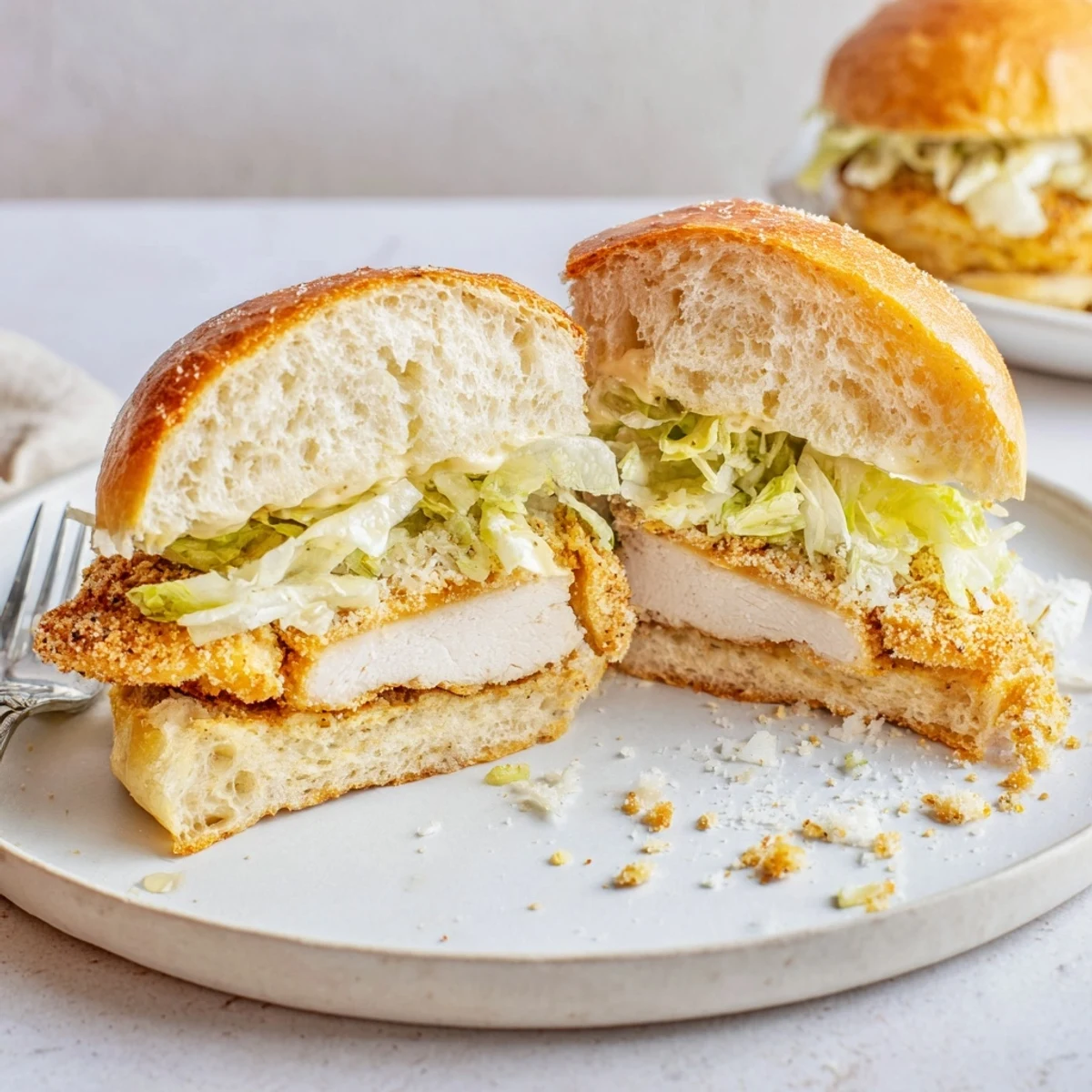Warm Crispy Chicken Caesar Sandwich Recipe on toasted brioche with creamy dressing  