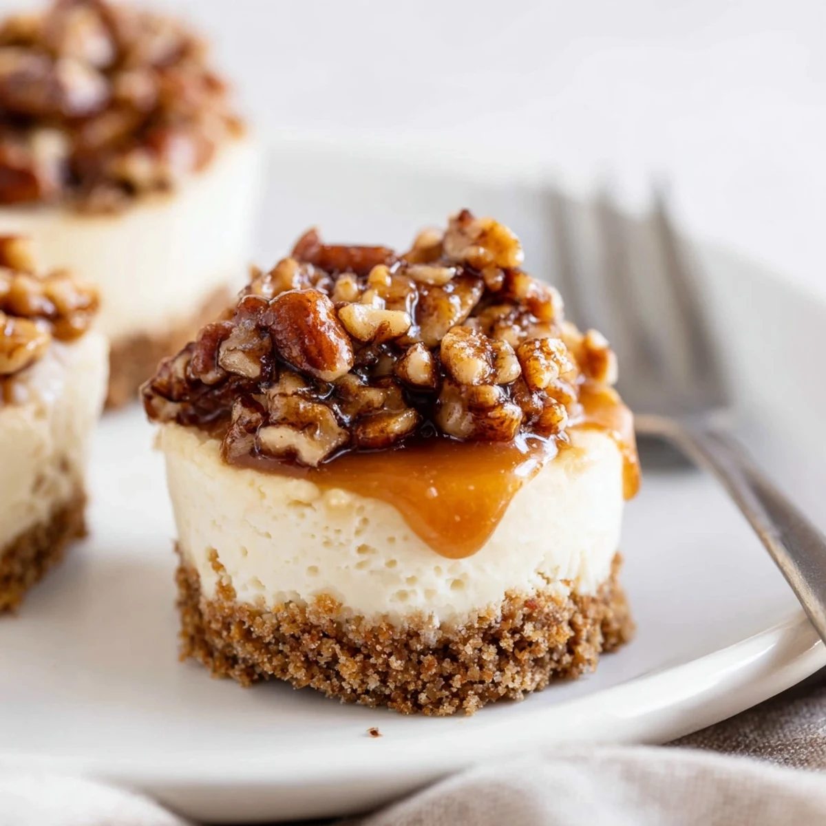 Mini Pecan Pie Cheesecakes with glossy pecan topping and crumbly graham crust