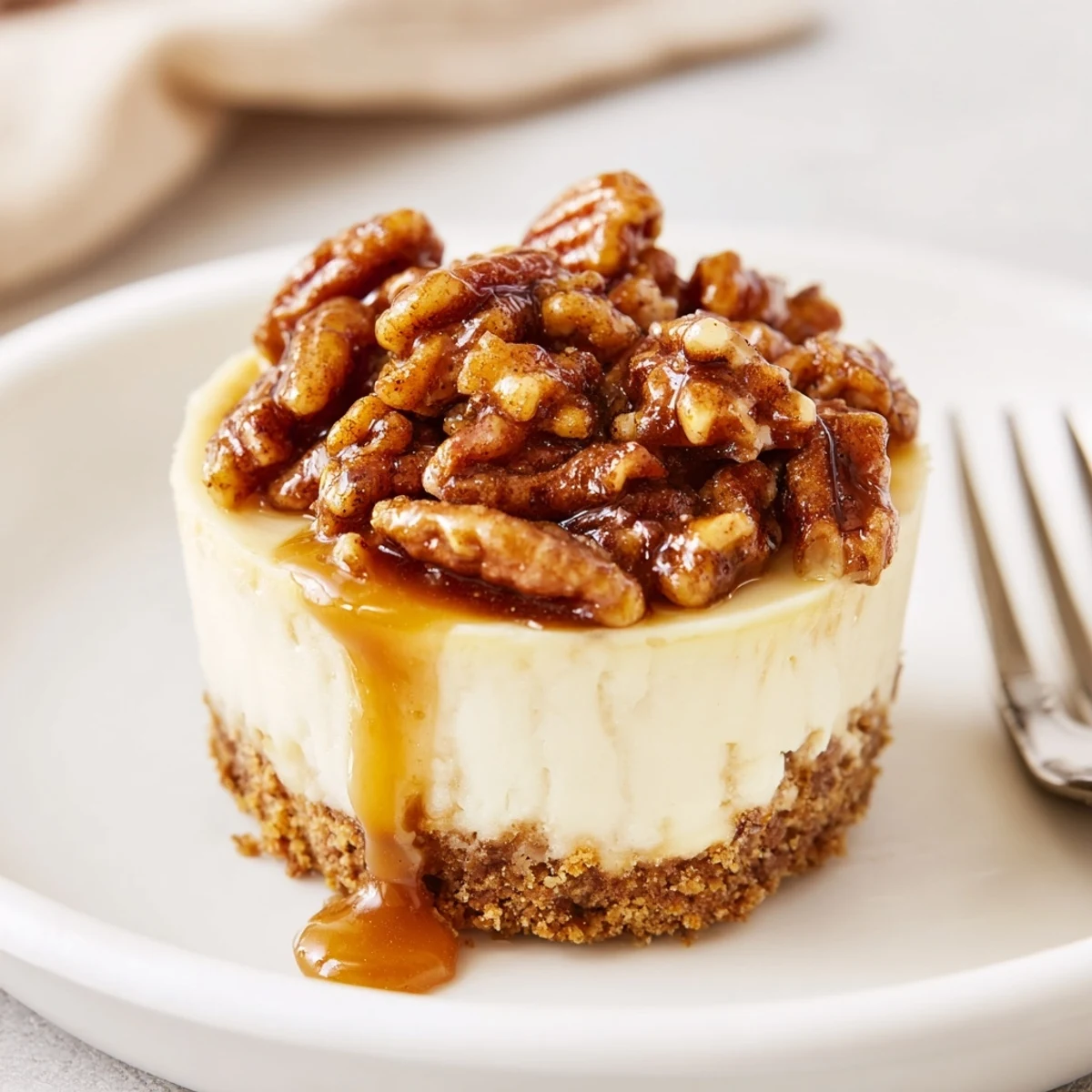 Creamy Mini Pecan Pie Cheesecakes topped with toasted pecans and whipped cream