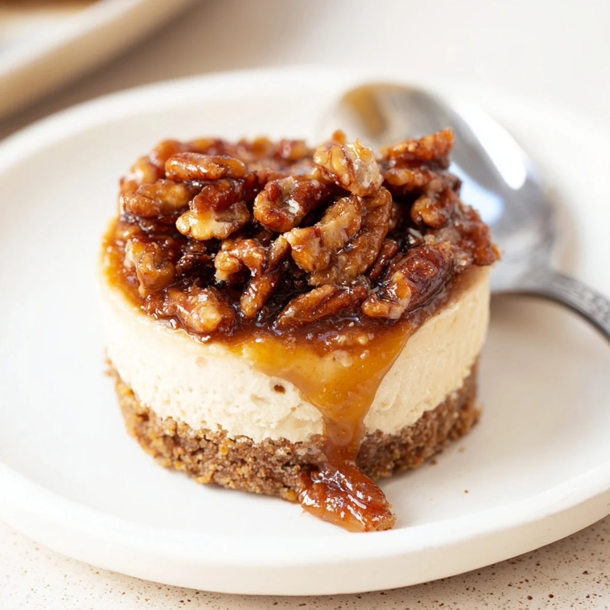 Warm caramel drizzled Mini Pecan Pie Cheesecakes cooling on a muffin tin
