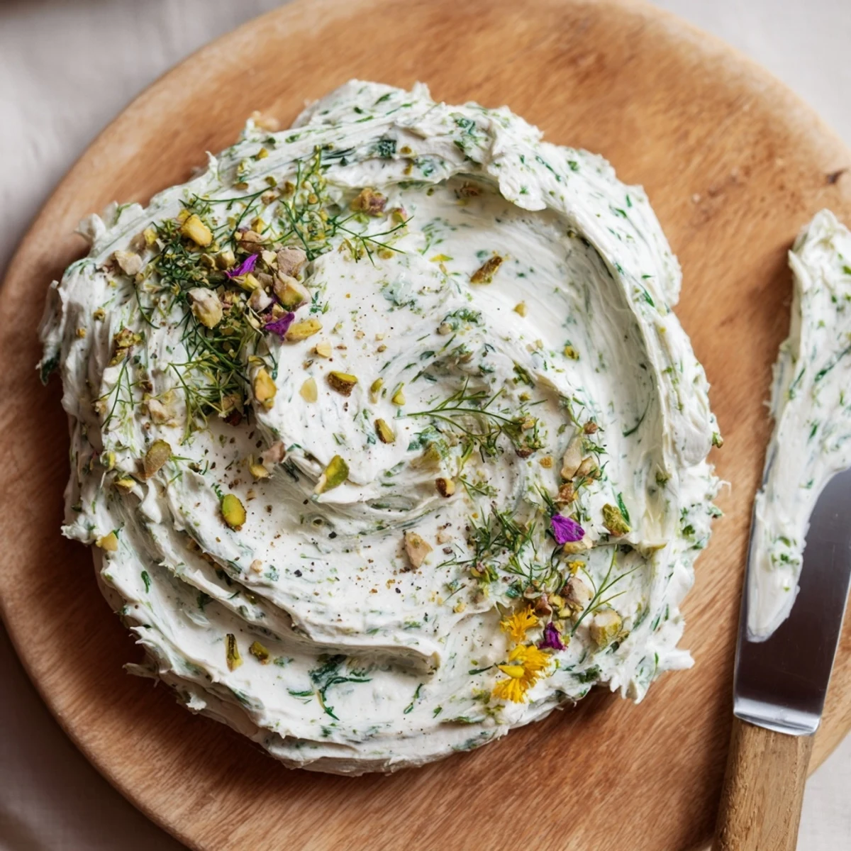 Rustic Creamy Herb Infused Butter Board spread with swirls, olive oil drizzle  