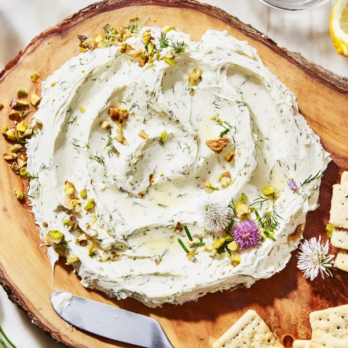 Closer view of Rustic Creamy Herb Infused Butter Board topped with edible flowers  