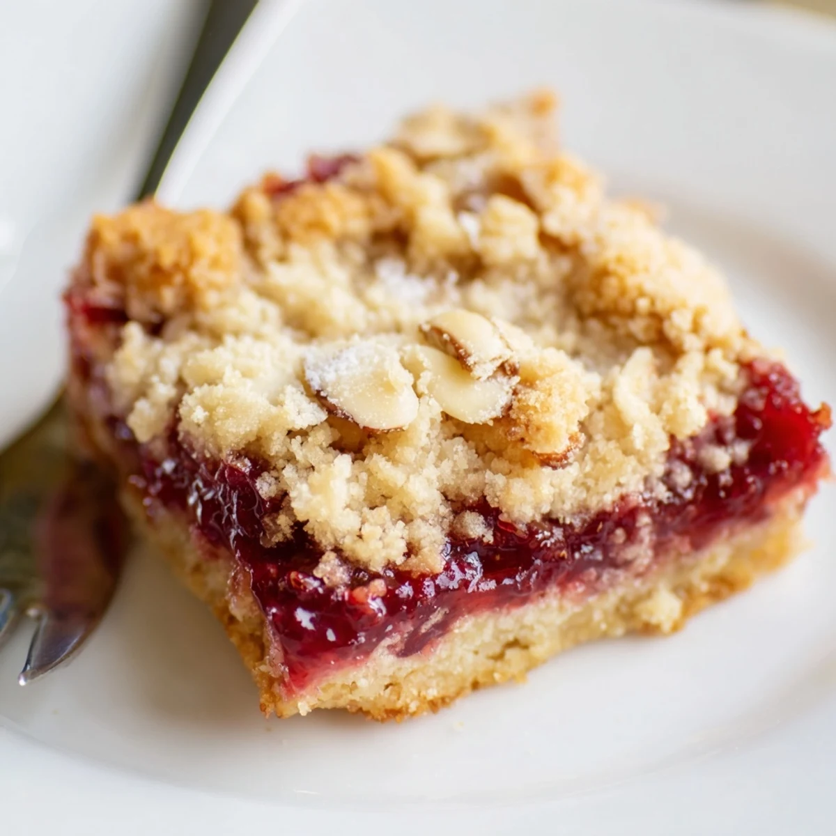 Raspberry Almond Bars with golden almond crumble, jam gleaming, ready to slice