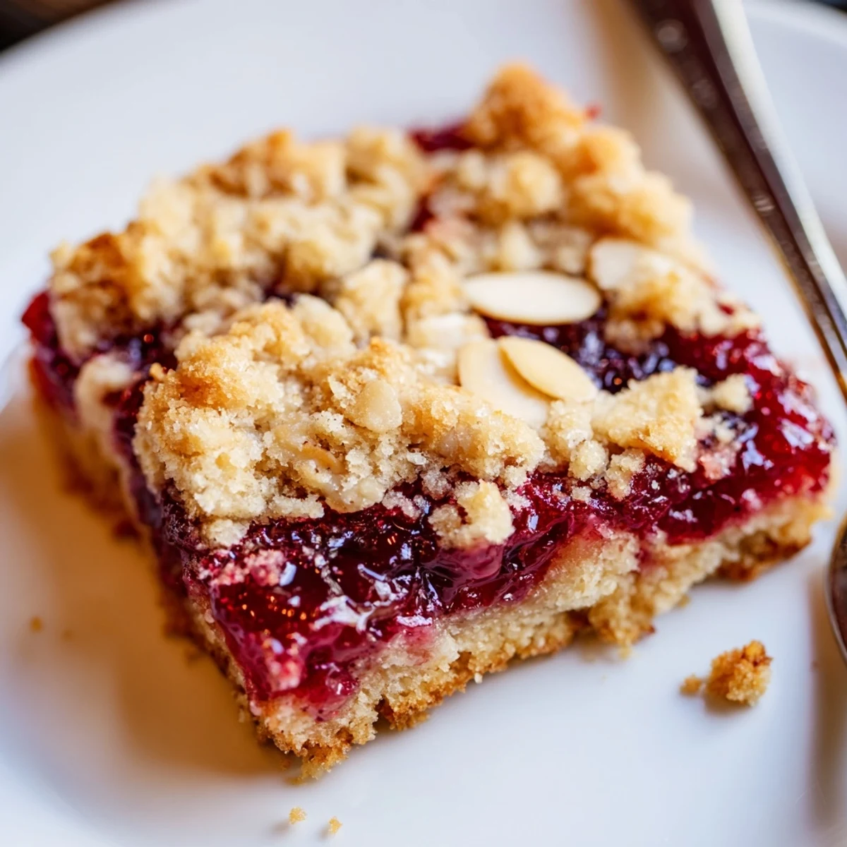 Plated Raspberry Almond Bars dusted with powdered sugar, served with vanilla ice cream