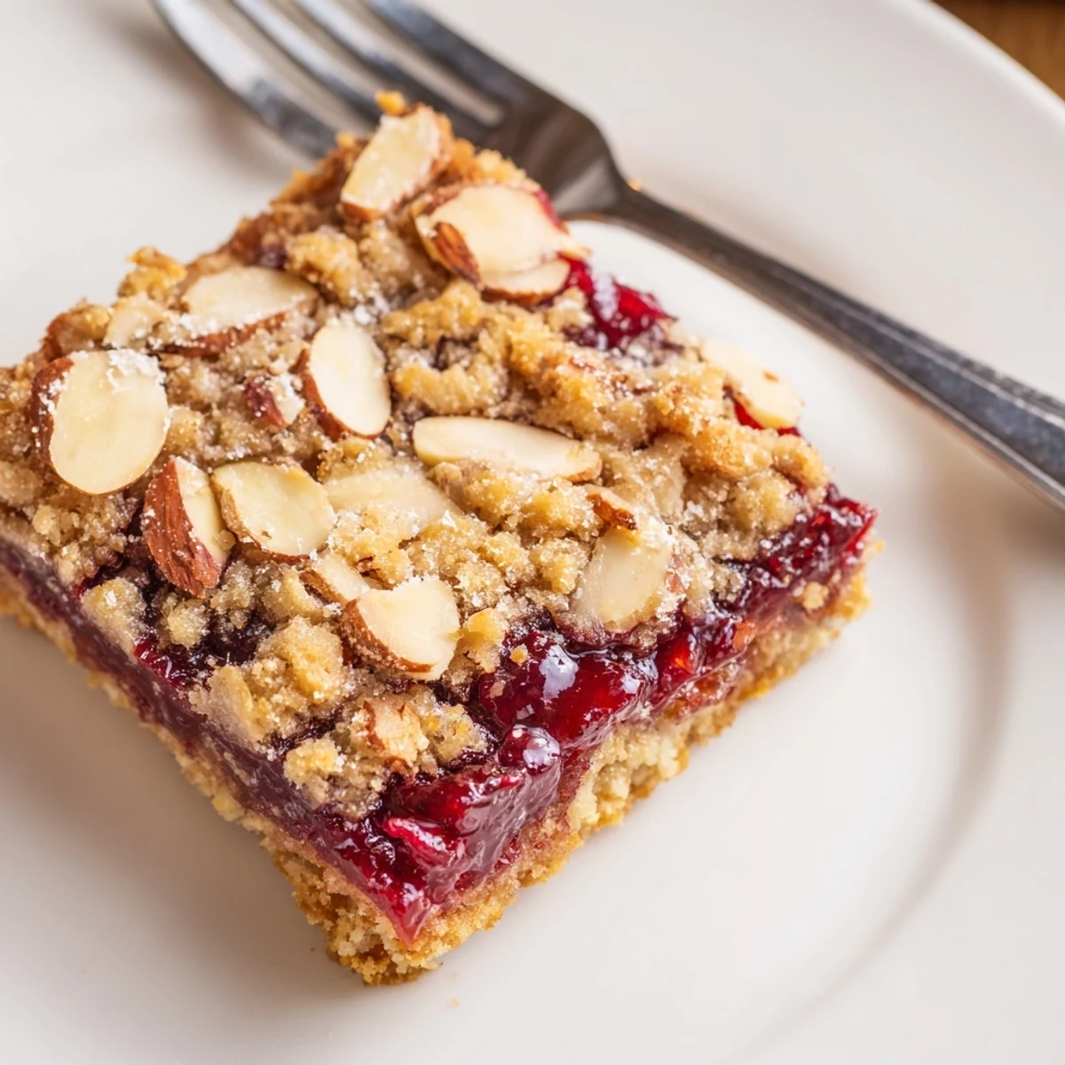 Freshly baked Raspberry Almond Bars cooling in pan, toasted almonds and buttery crust