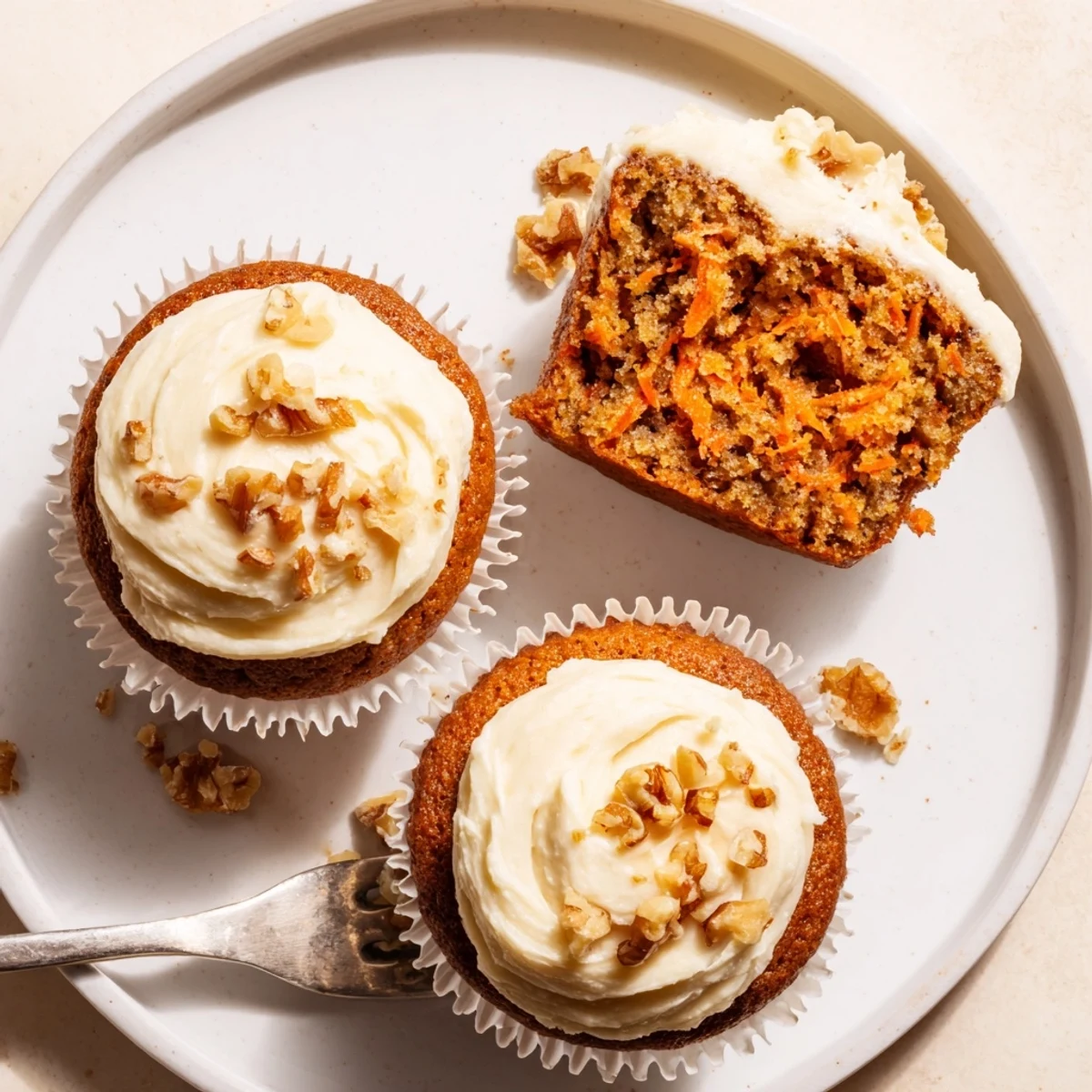 Plated Moist Carrot Cake Cupcakes beside spiced chai, fluffy cream cheese frosting