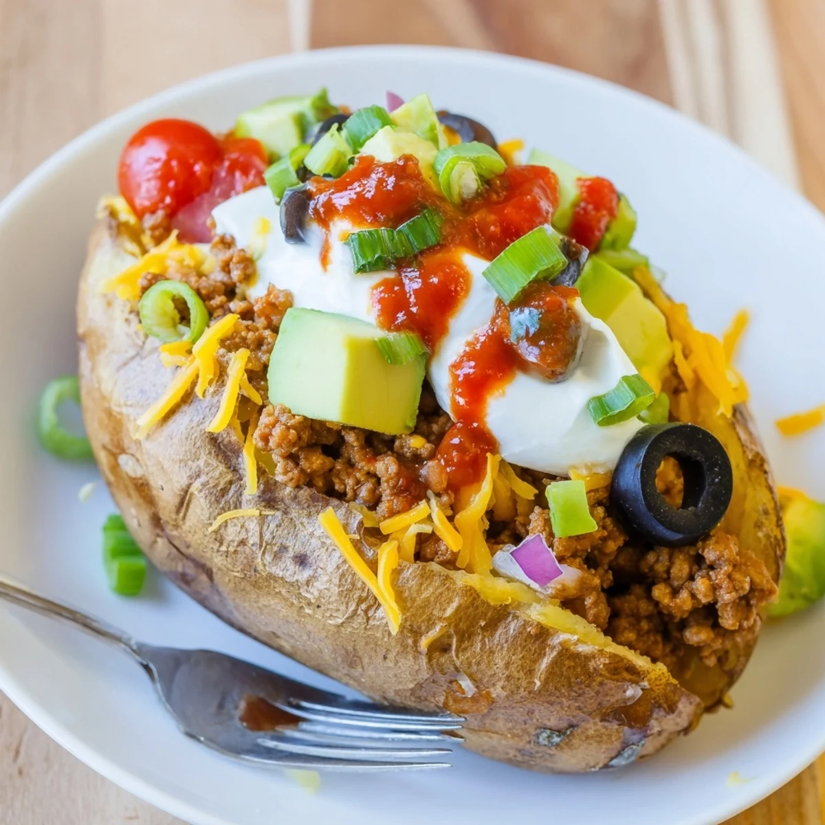 Taco Loaded Baked Potatoes steaming with melted cheese, avocado, and cilantro