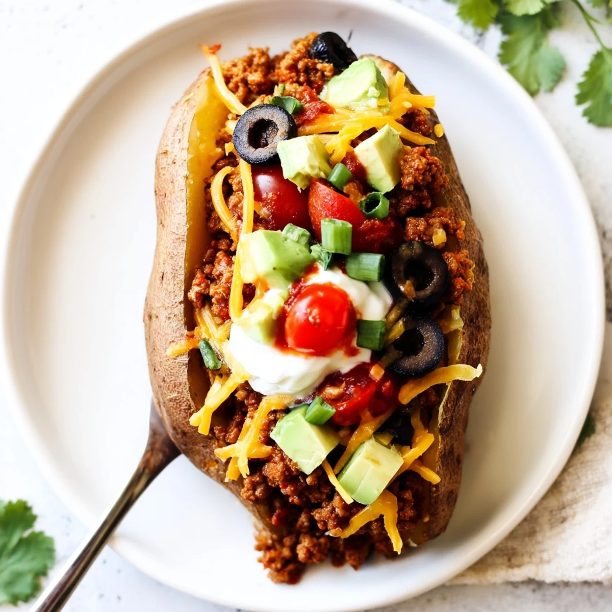 Hearty Taco Loaded Baked Potatoes split open, topped with seasoned beef