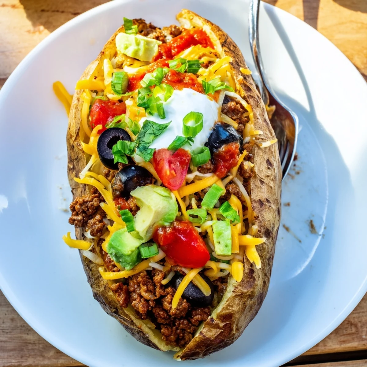 Oven-roasted Taco Loaded Baked Potatoes served with sour cream, salsa, green onions