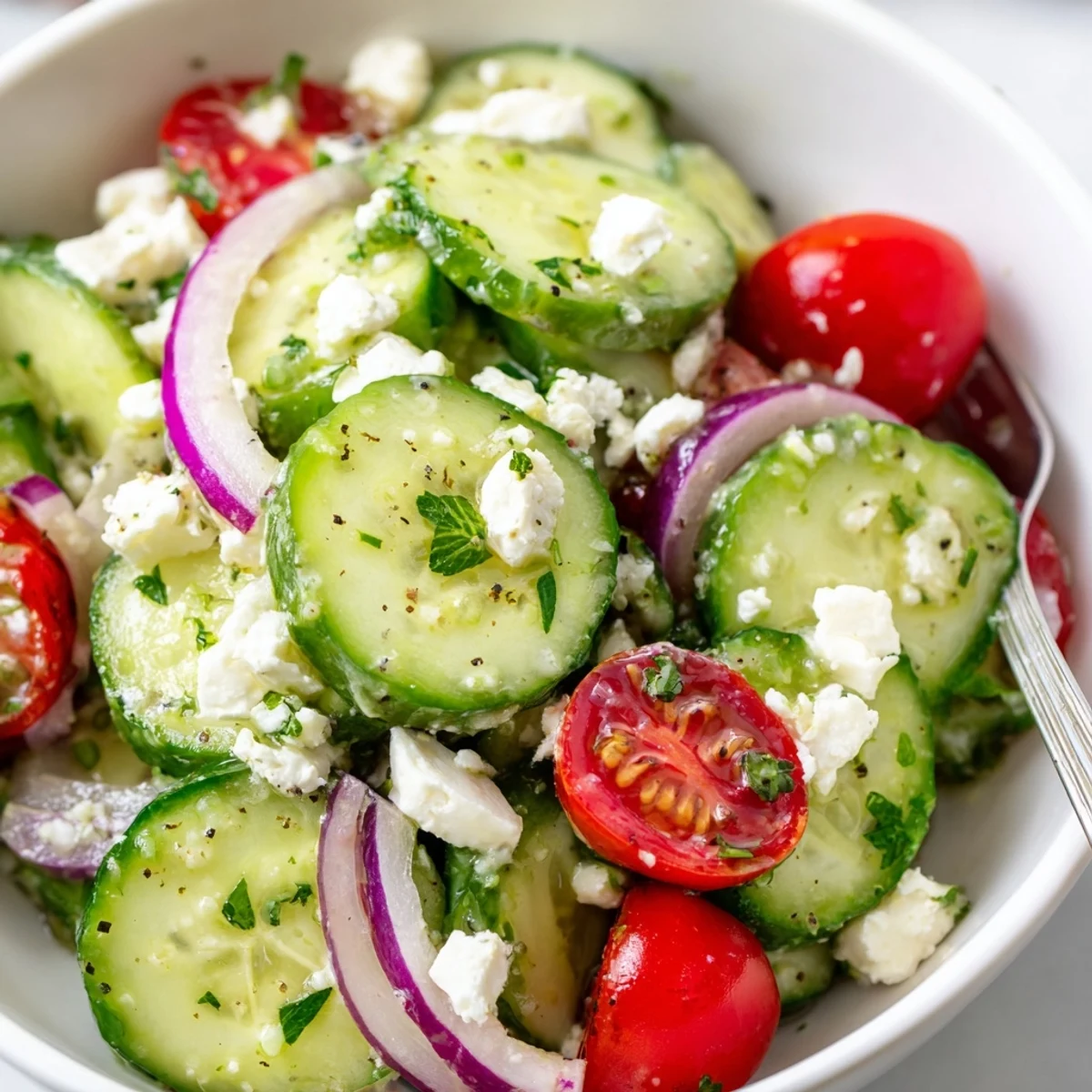 Cucumber Feta Salad With Lemon Greek Vinaigrette tossed with bright parsley, chilled