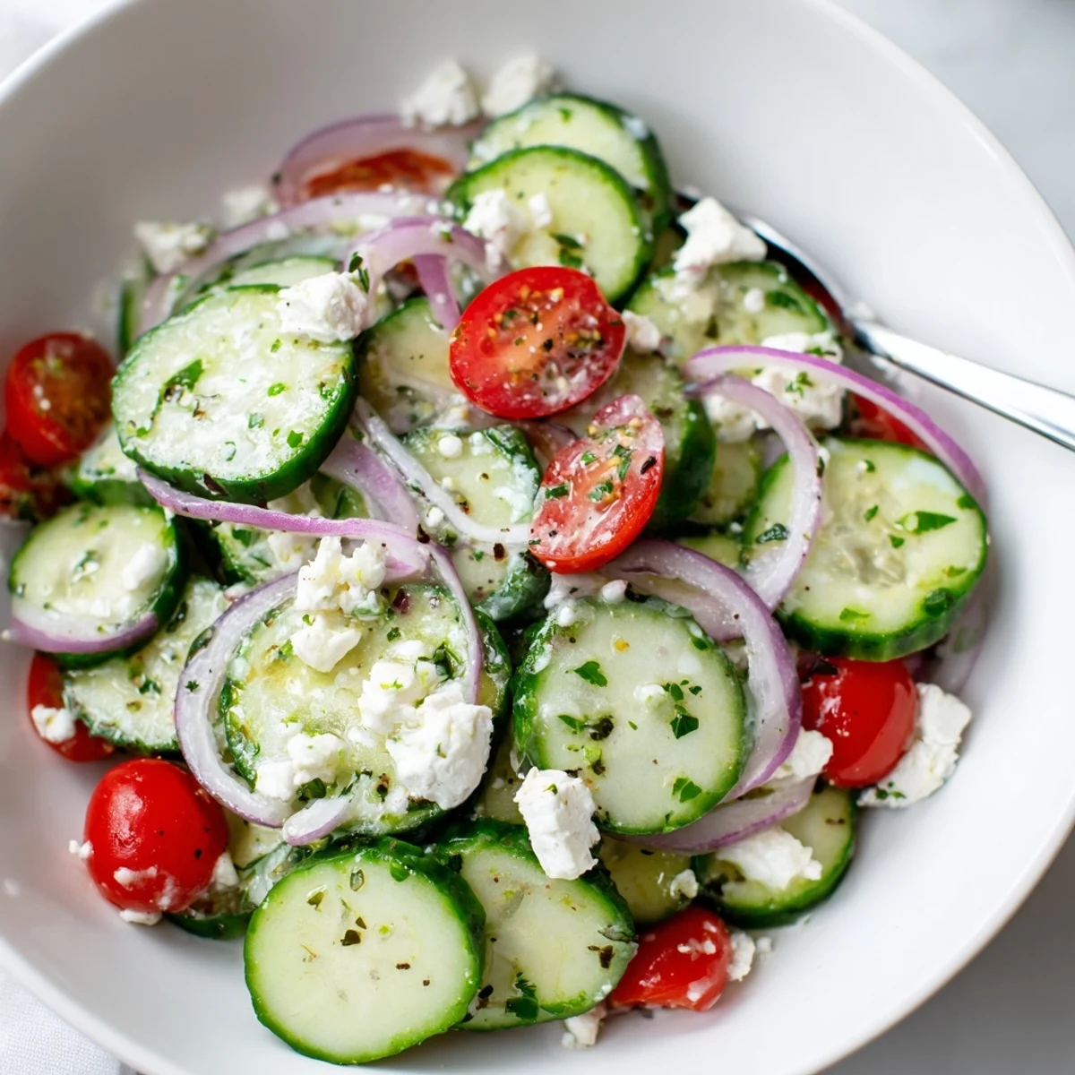 Cucumber Feta Salad With Lemon Greek Vinaigrette showing crumbled feta over crisp cucumber