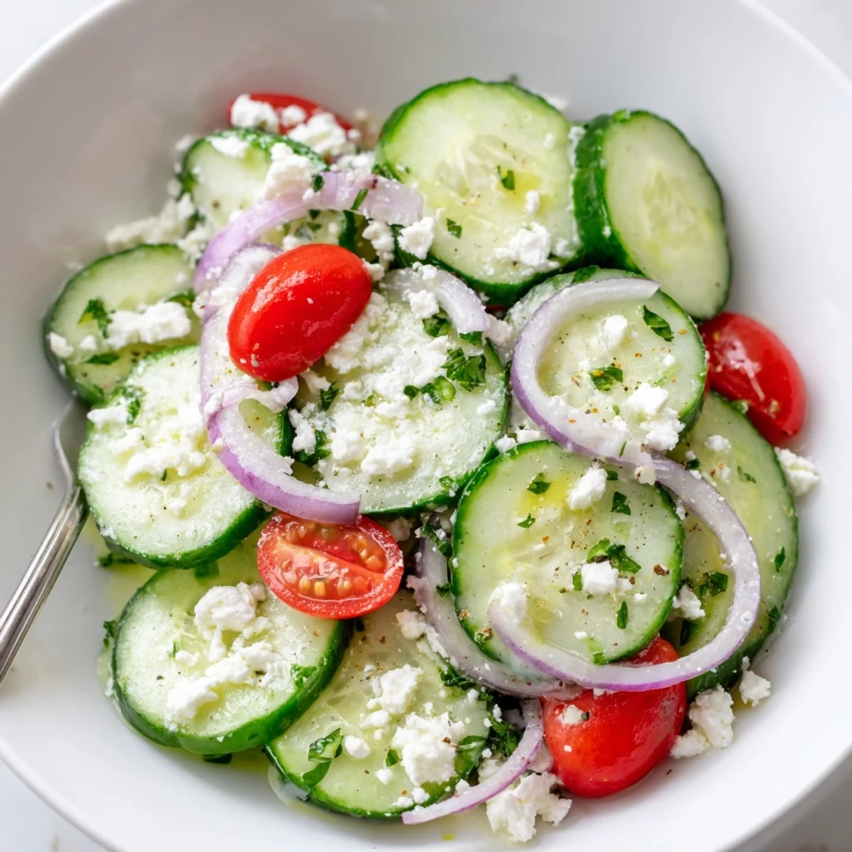 Cucumber Feta Salad With Lemon Greek Vinaigrette served as zesty summer side with tomatoes