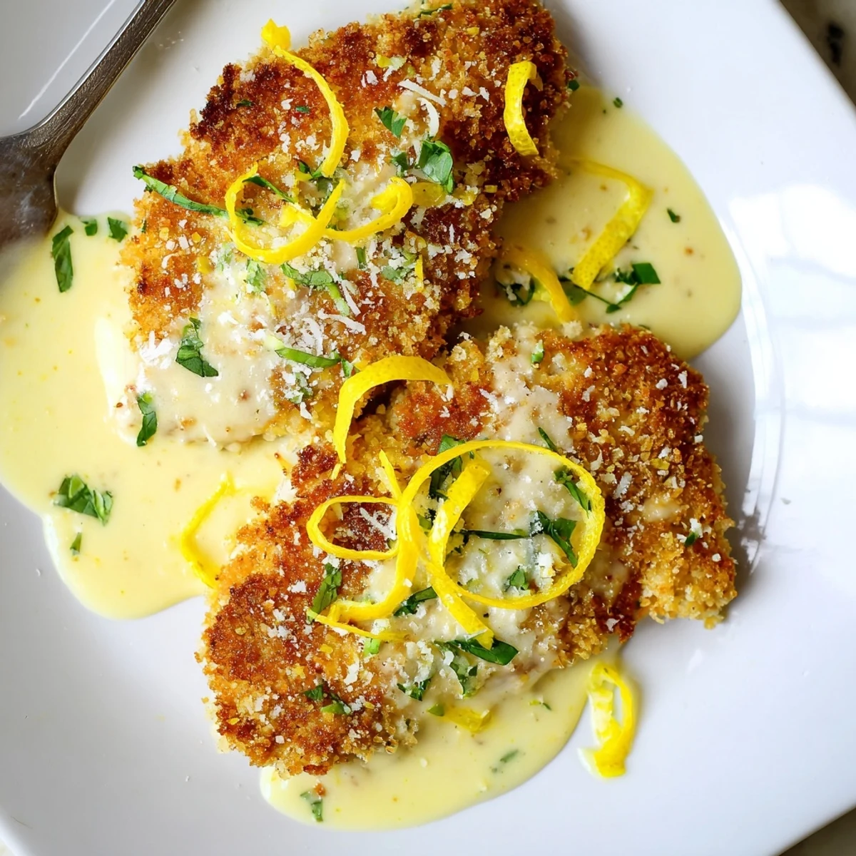 Lemon Pecorino Crusted Chicken With Creamy Lemon Sauce, golden crust and fragrant zest