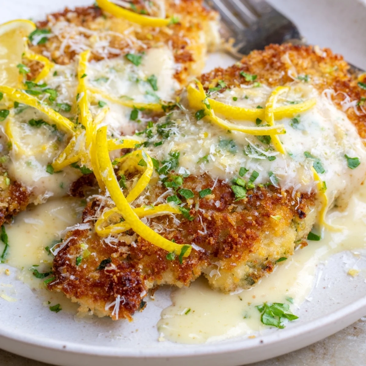 Lemon Pecorino Crusted Chicken With Creamy Lemon Sauce served with steamed greens