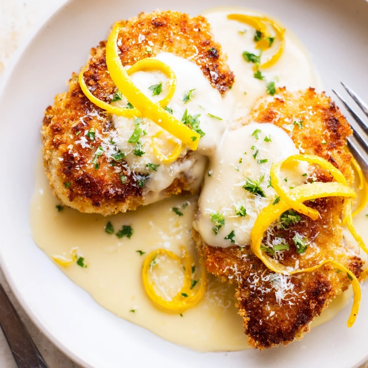 Plate holds Lemon Pecorino Crusted Chicken With Creamy Lemon Sauce, parsley garnish