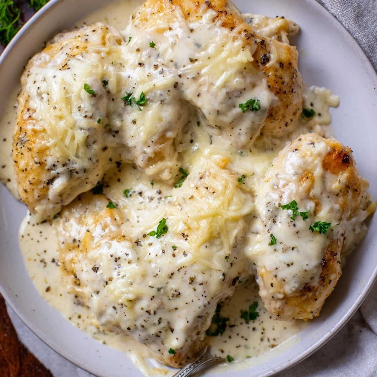 Golden, bubbling Baked Caesar Chicken With Creamy Parmesan Sauce resting on cutting board.