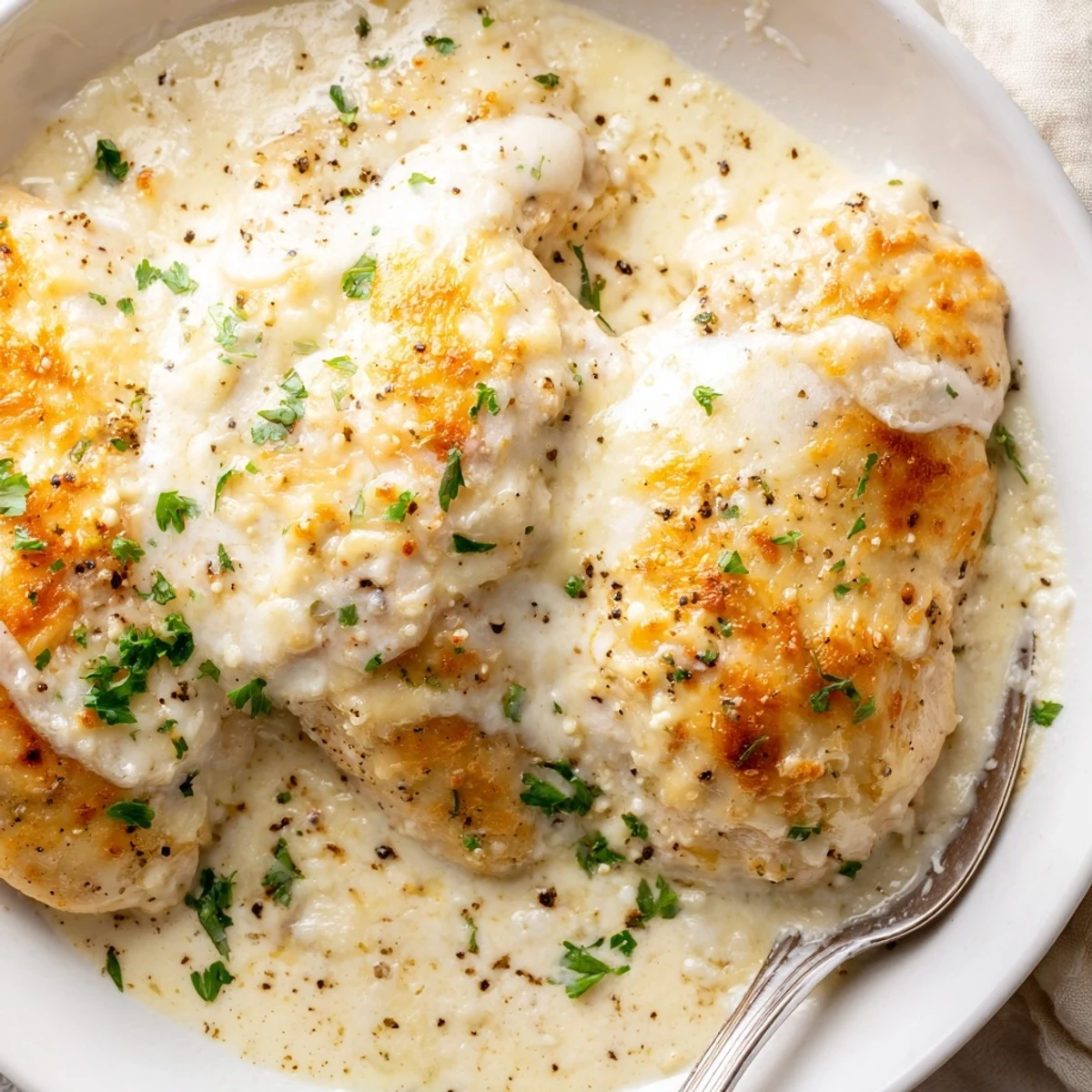 Sliced Baked Caesar Chicken With Creamy Parmesan Sauce served with roasted vegetables.