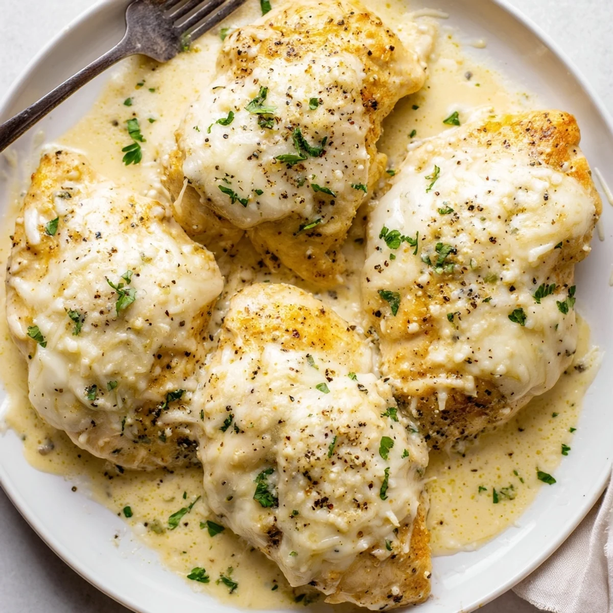 Topped with fresh parsley, Baked Caesar Chicken With Creamy Parmesan Sauce looks irresistible.